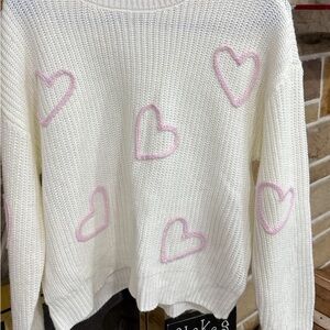 Pink Heart Patterned White Crew Neck Sweater